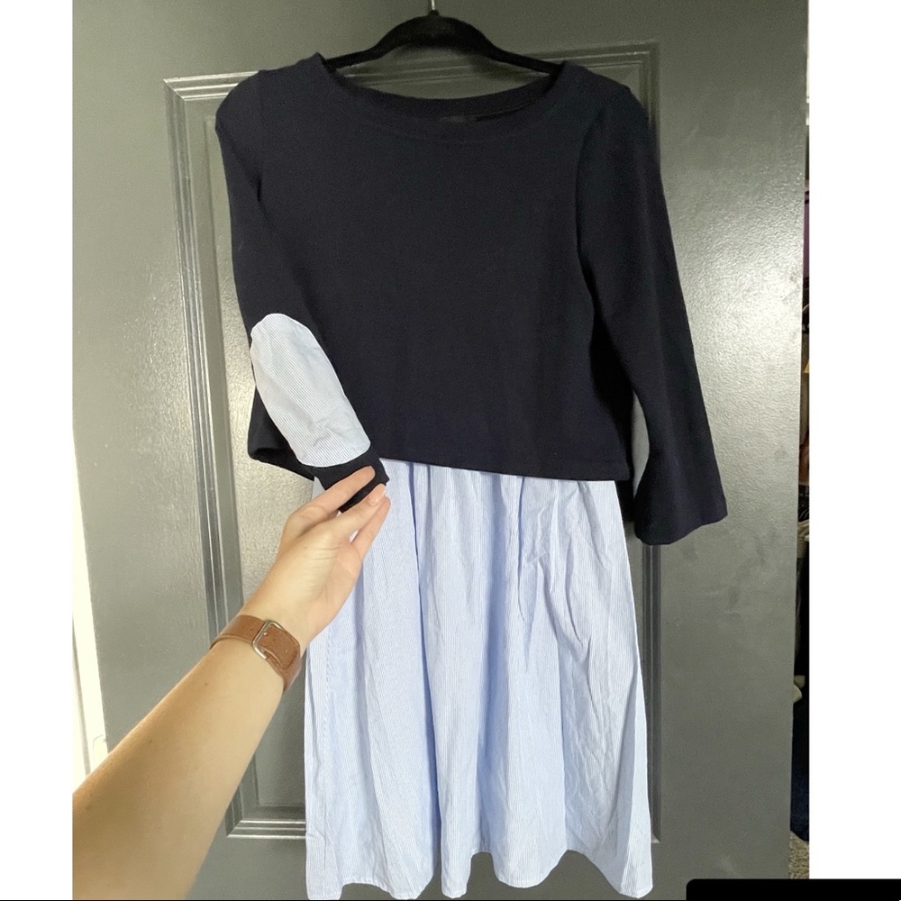 Navy and Columbia striped dress with elbow patches